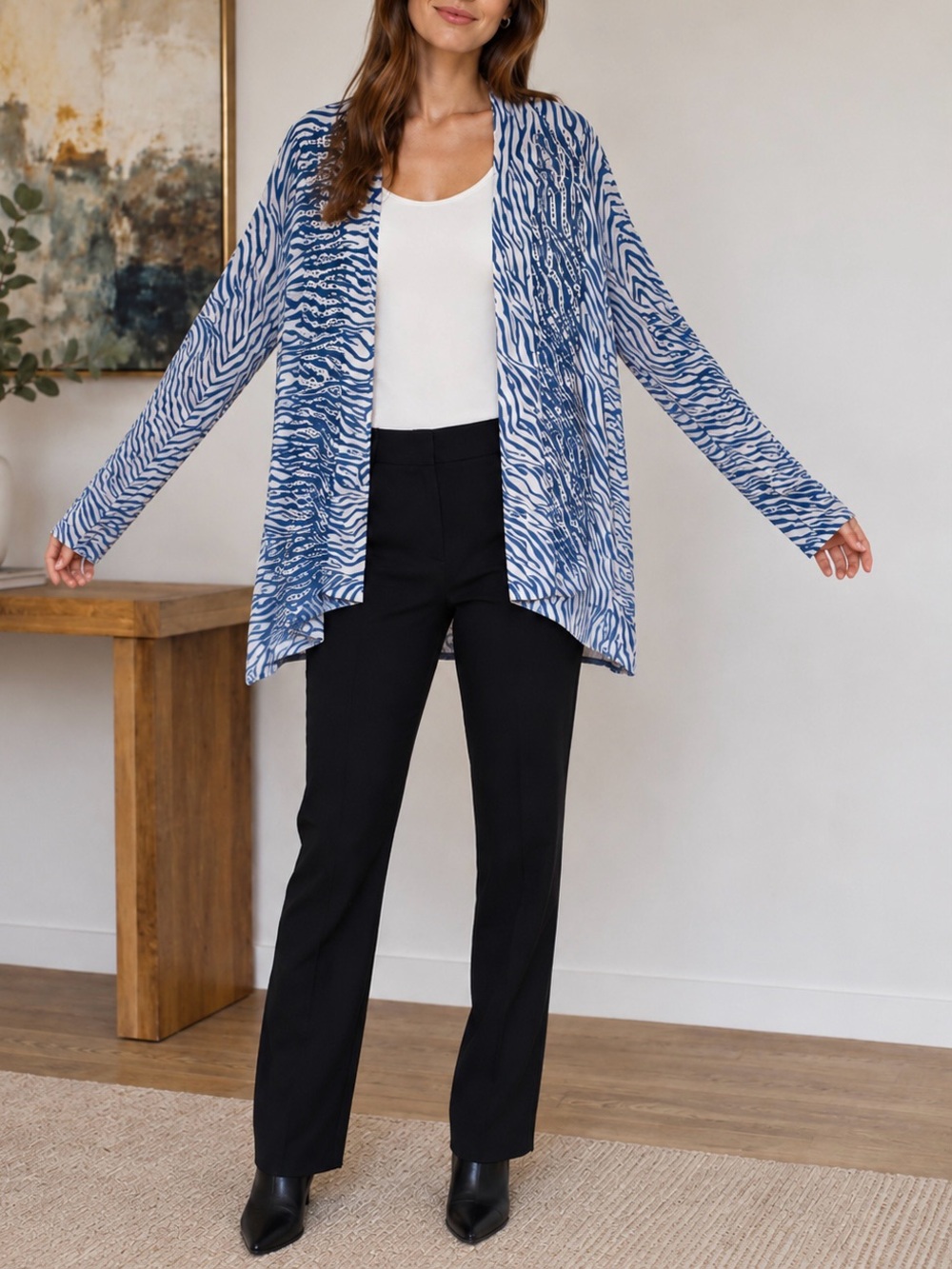 Chico's Blue Zebra Print Open-Front Cardigan Asymmetrical Hem